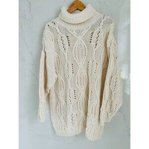 MODA White Knitted Oversized Cotton Sweater Turtleneck Size Small